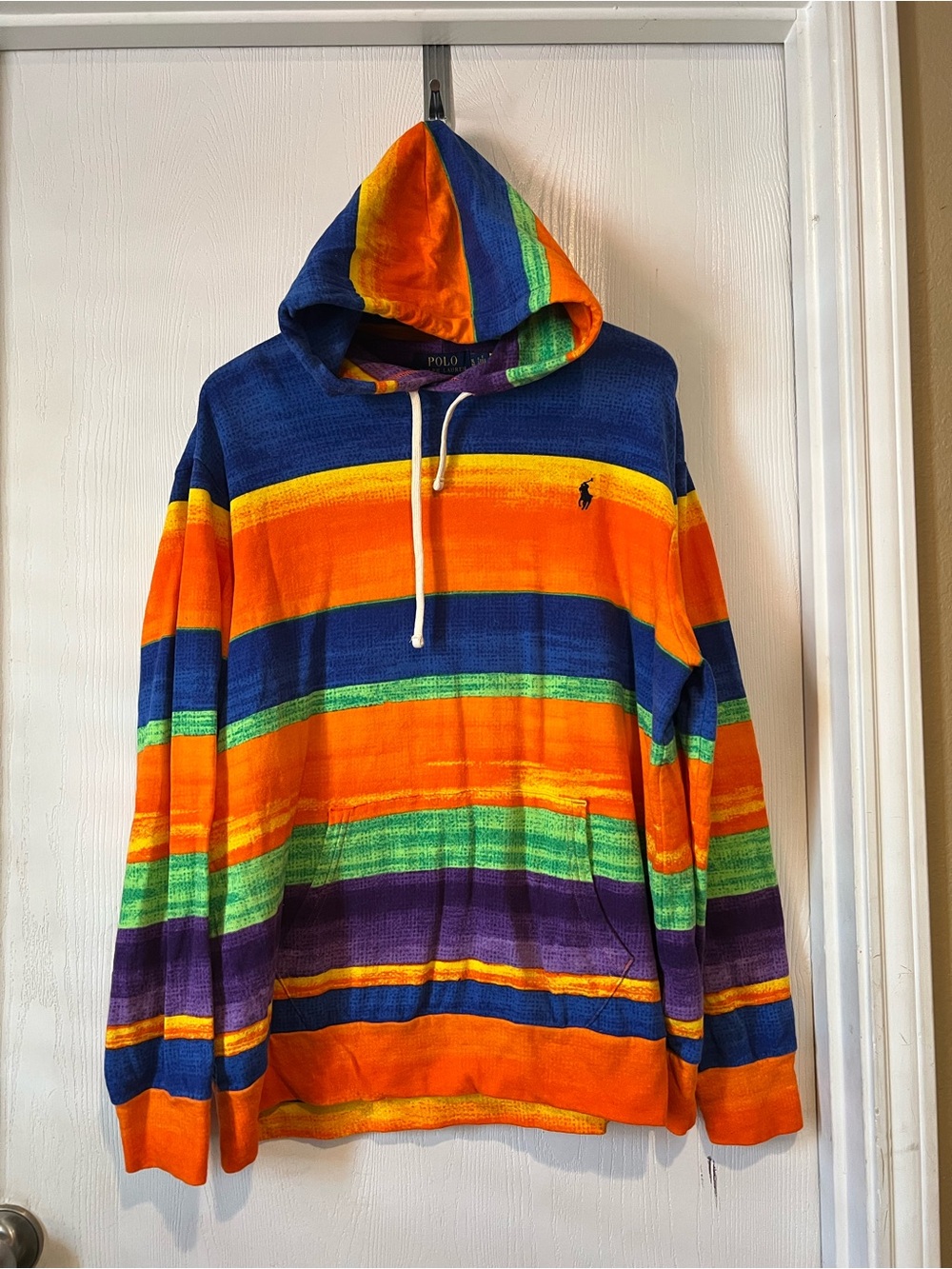 Polo Ralph Lauren Vibrant Stripe Pullover Hoodie Orange Blue  $168  Men Sz XL